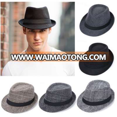 New Brand Wool Men's Black Fedora Hat For Gentleman Woolen Wide Brim Jazz Church Cap Vintage Panama Sun Top Hat